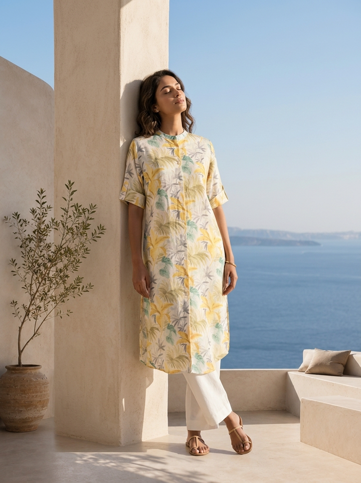 Lemon And White Linen Fabric Printed Kurta