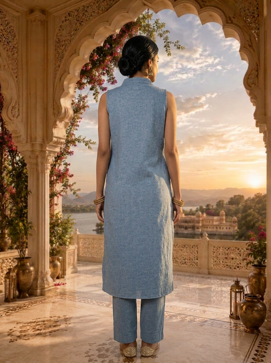 Blue Cotton Mirror Embroidery Two Piece Set