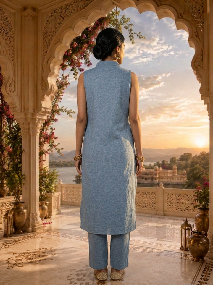 Blue Cotton Mirror Embroidery Two Piece Set