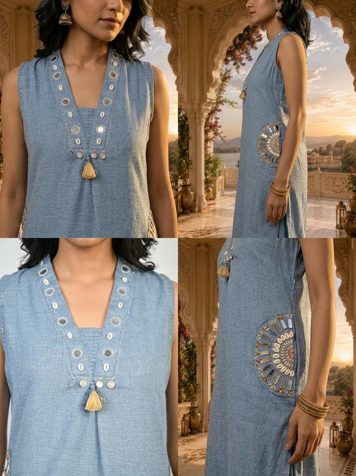 Blue Cotton Mirror Embroidery Two Piece Set
