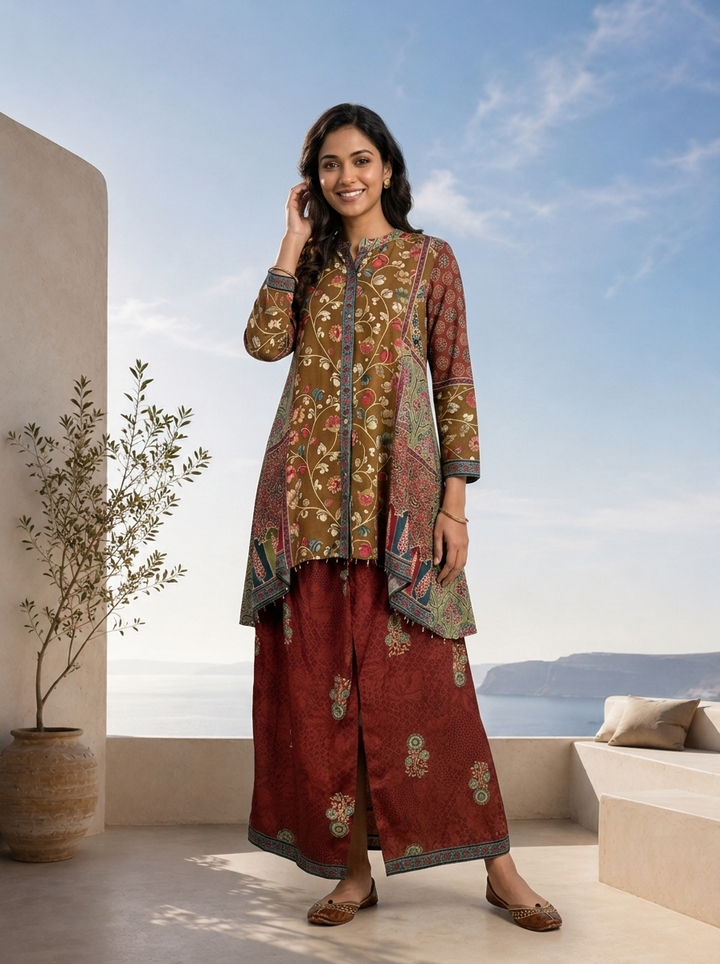 Brown And Olive Floral Printed Crepe Two Piece Set