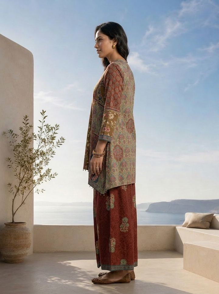 Brown And Olive Floral Printed Crepe Two Piece Set