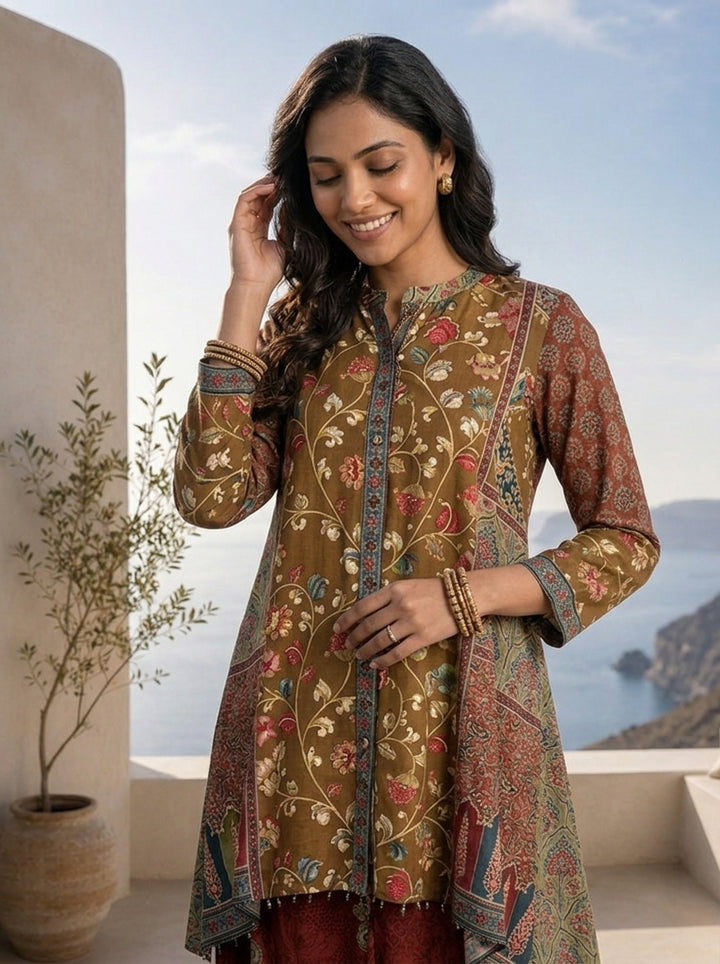 Brown And Olive Floral Printed Crepe Two Piece Set