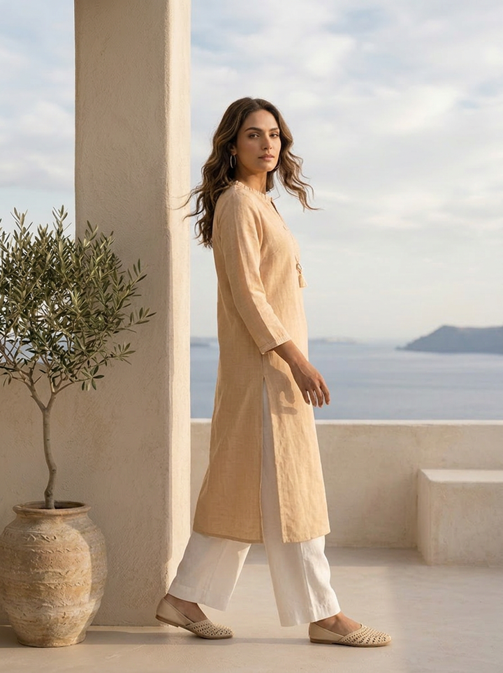 Peach Linen Solid Design And Patch Embroidered Kurta