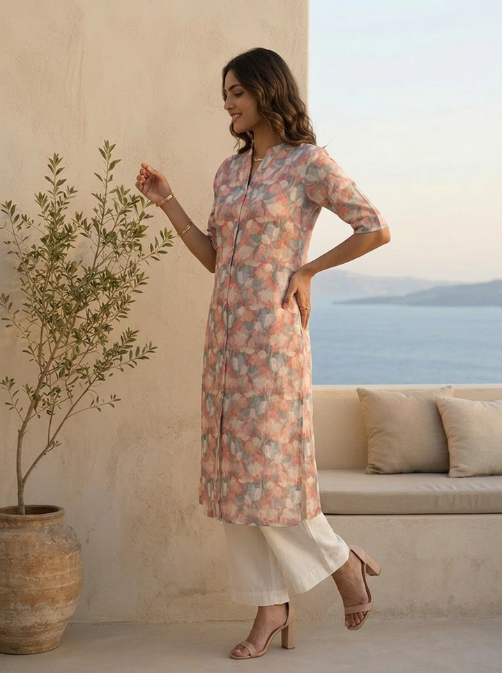 Multi Heavy Floral Printed Linen Kurta