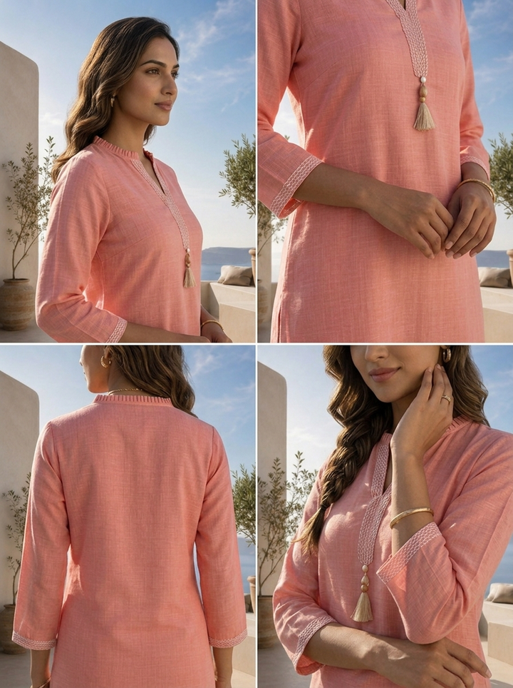 Baby Pink Linen Solid Design And Patch Embroidered Kurta