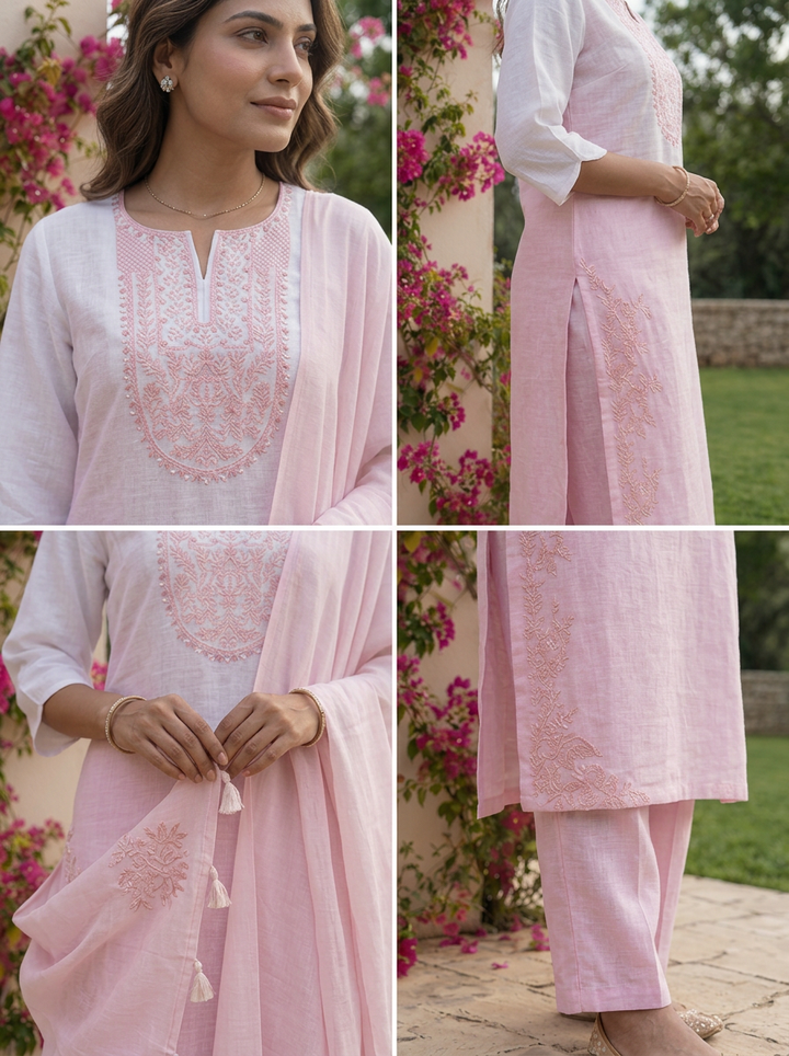 Baby Pink Beads Embroidered Linen Three Piece Set