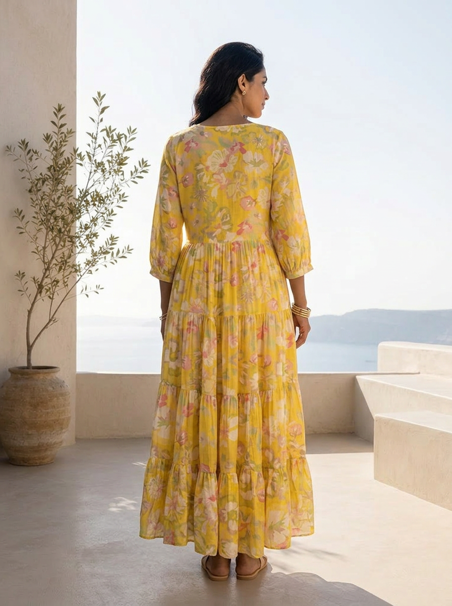 Yellow Muslin Fabric Printed And Pleated Design Long Dress