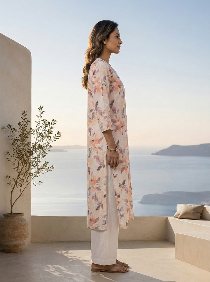 Peach And Cream Heavy Floral Printed Linen Kurta