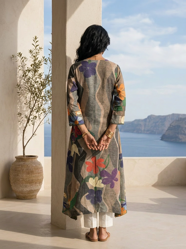 Multi Abstract And Floral Printed Rayon Kurta