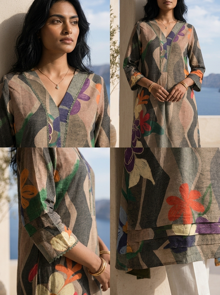 Multi Abstract And Floral Printed Rayon Kurta