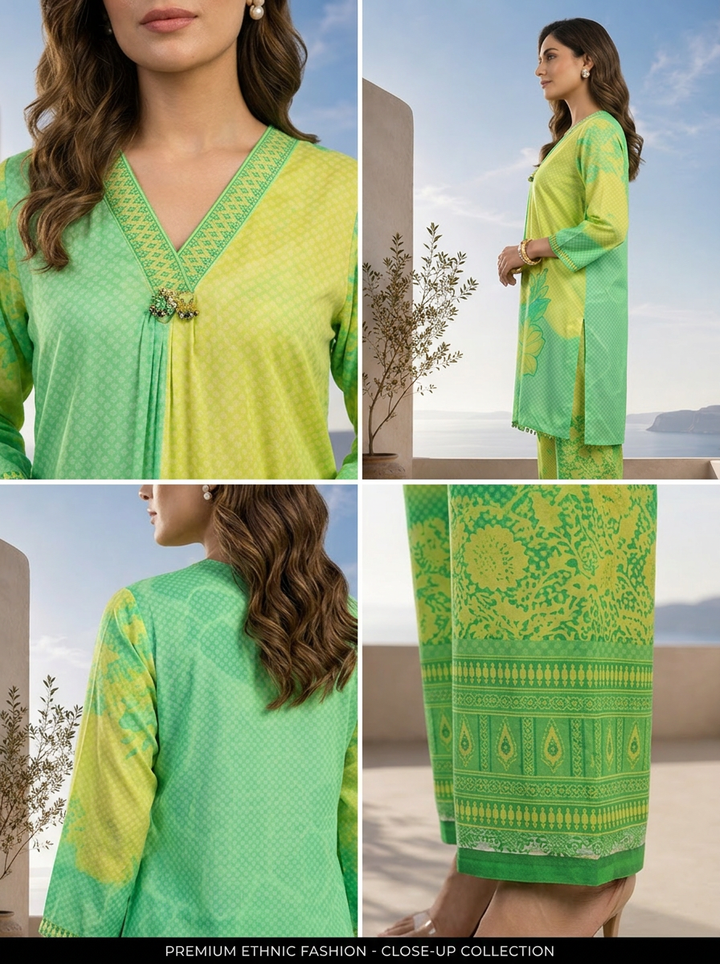 Lime Green Beads Embroidered And Floral Printed Crepe Two Piece Set