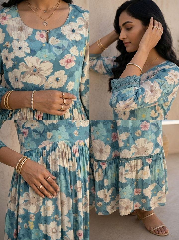 Blue Heavy Floral Printed And Sequins Embroidered Crepe Long Dress
