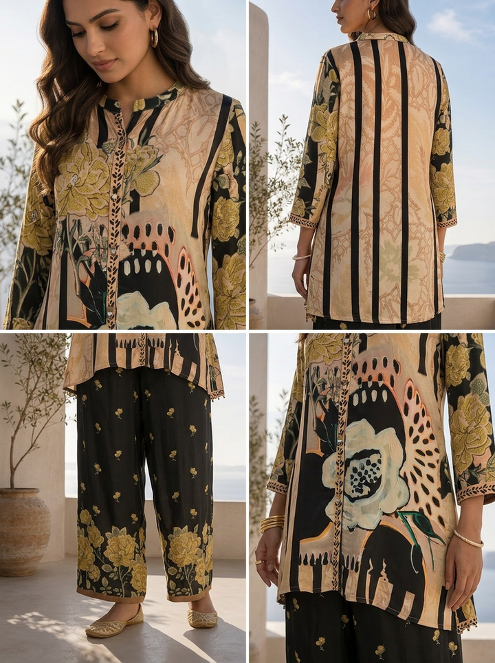 Black And Beige Heavy Floral Printed Two Piece Set