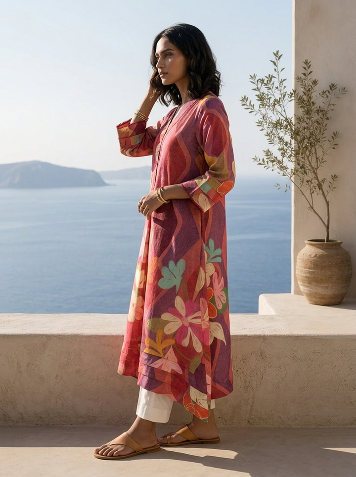 Onion And Red Abstract And Floral Printed Rayon Kurta