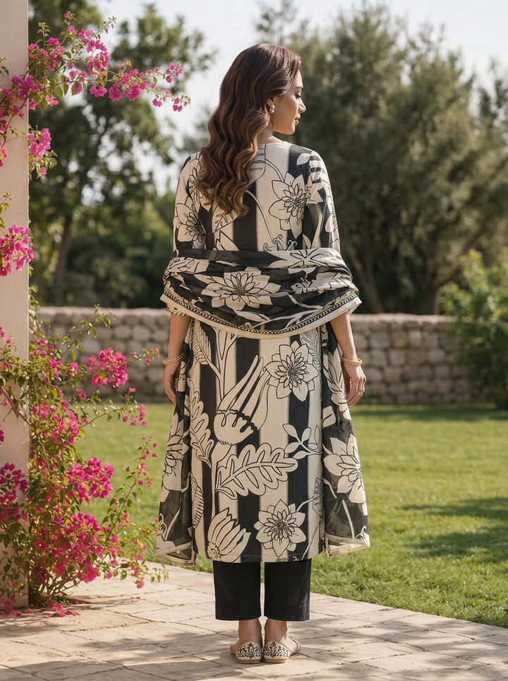 Black Floral Printed And Beads Embroidered Linen Three Piece Set