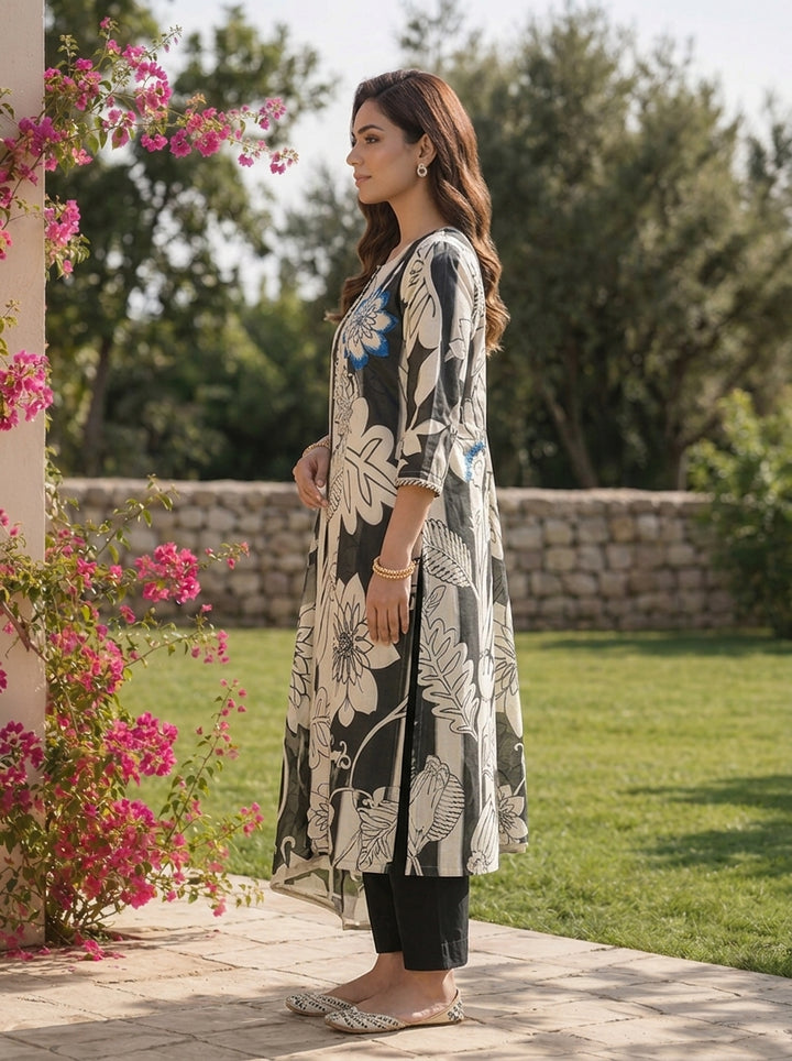 Black Floral Printed And Beads Embroidered Linen Three Piece Set