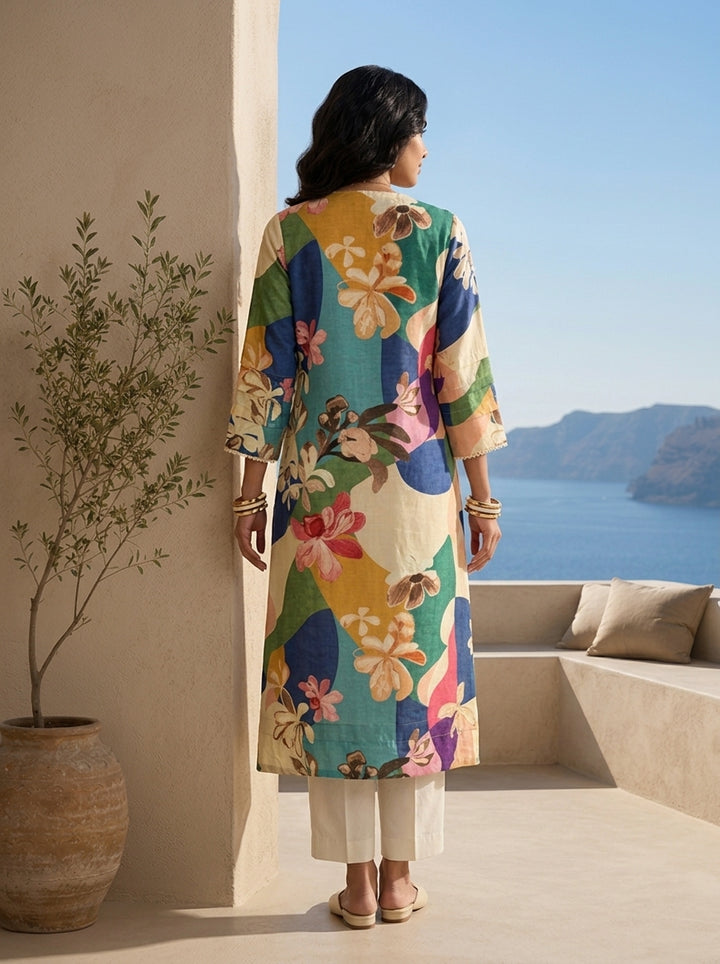 Multi Color Floral Printed And Patch Embroidered Kurta