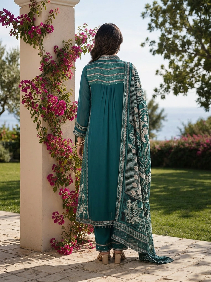 Rama Solid Design Georgette Three Piece Set With Striped Design Dupatta