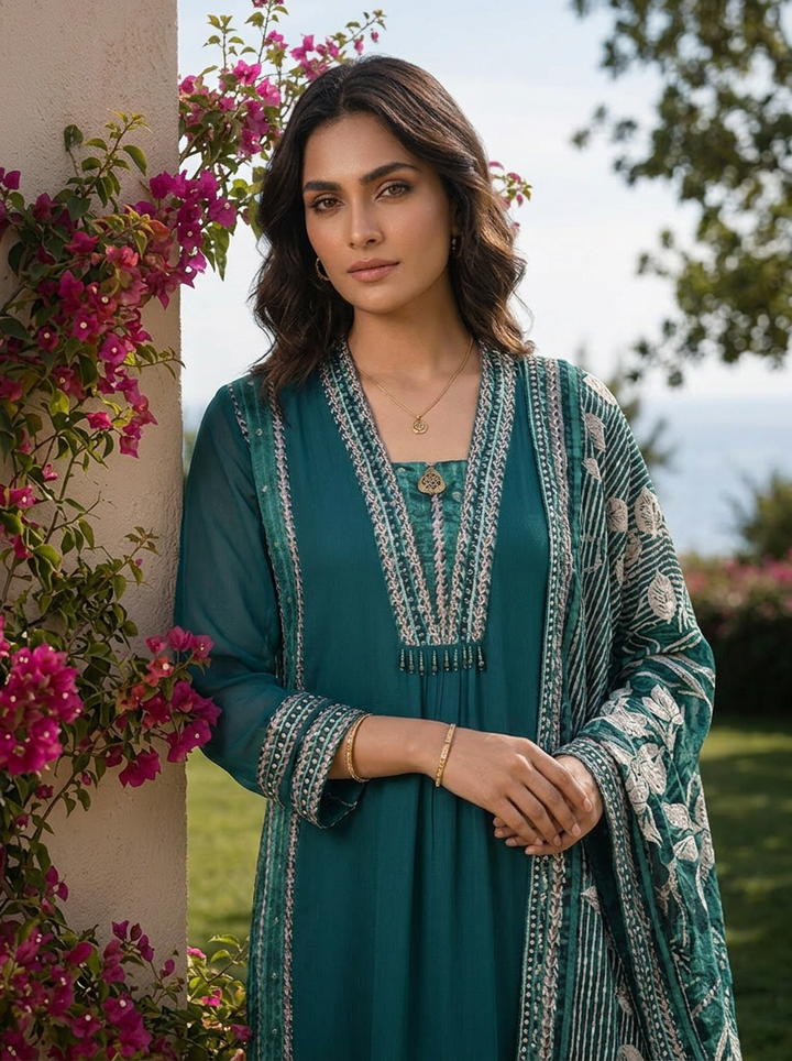 Rama Solid Design Georgette Three Piece Set With Striped Design Dupatta