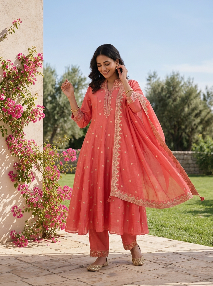 Peach Tissue Floral Zari Embroidered Three Piece Set