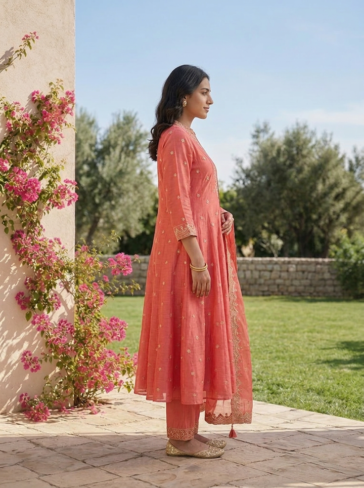 Peach Tissue Floral Zari Embroidered Three Piece Set