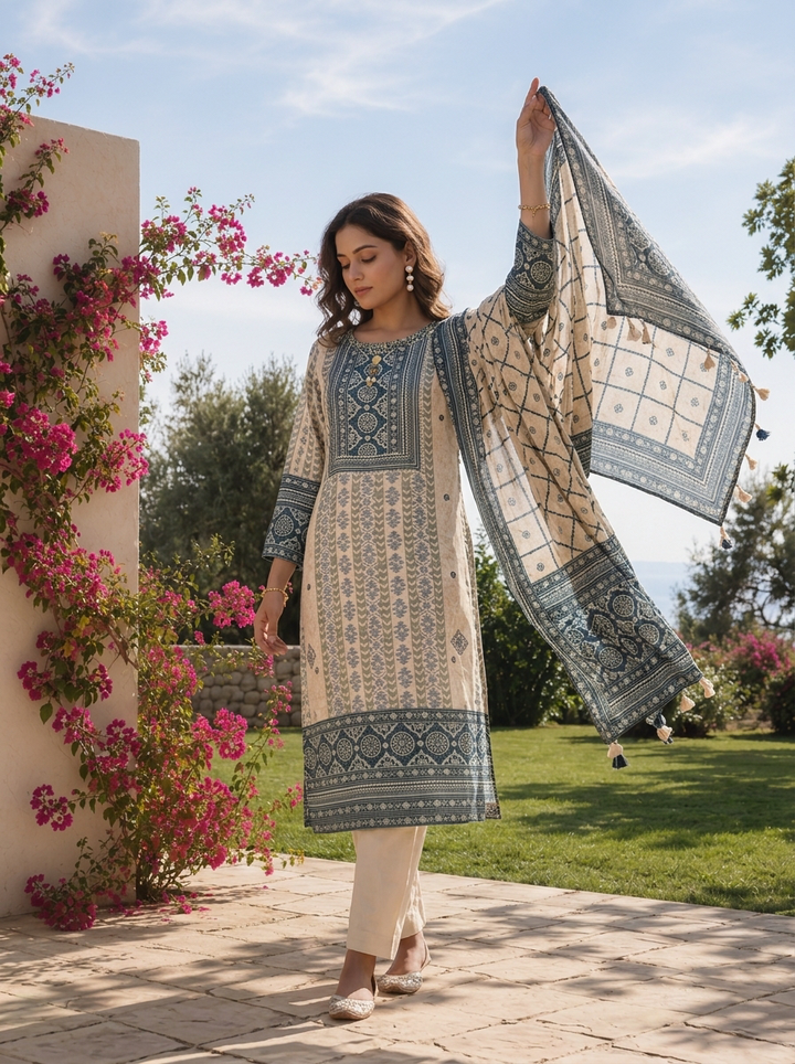 Cream And Indigo Crepe Striped Design And Printed Three Piece Set