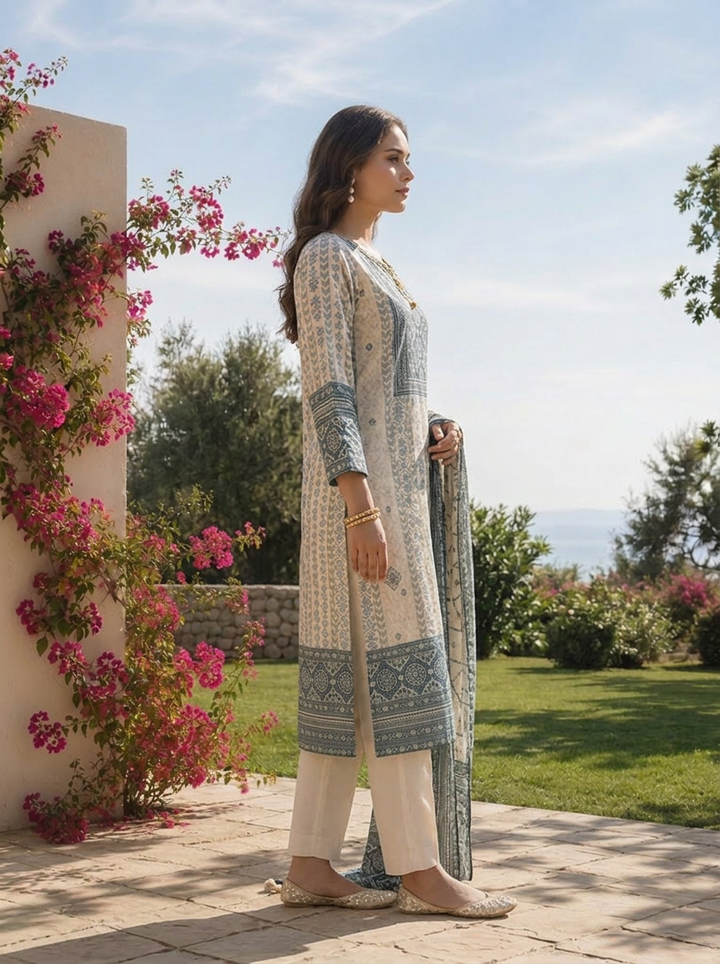 Cream And Indigo Crepe Striped Design And Printed Three Piece Set