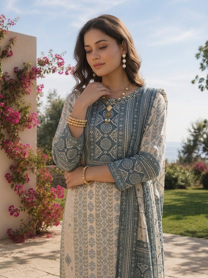 Cream And Indigo Crepe Striped Design And Printed Three Piece Set
