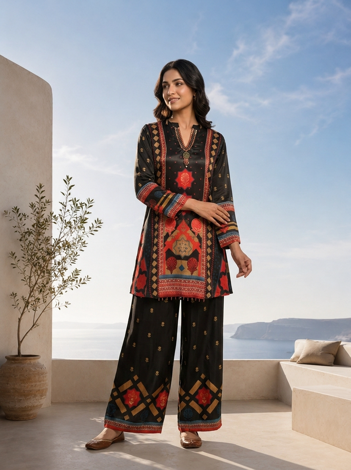 Black Crepe Solid And Floral Design Crepe Two Piece Set