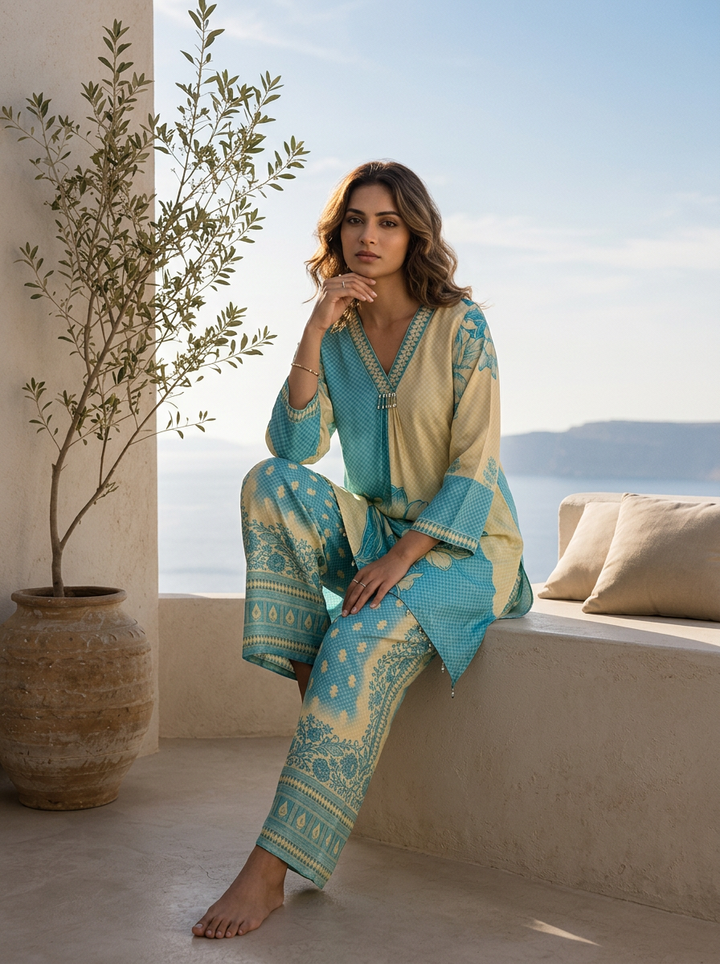 Cream And Sky Blue Beads Embroidered And Floral Printed Crepe Two Piece Set