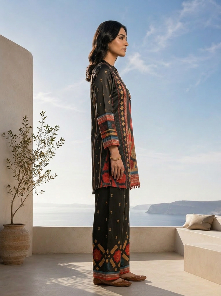 Black Crepe Solid And Floral Design Crepe Two Piece Set