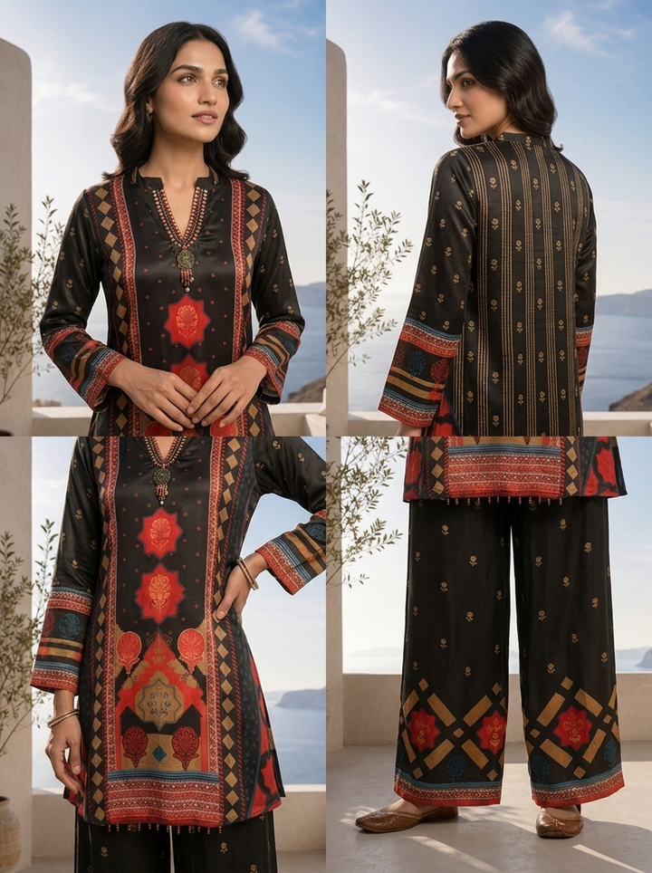 Black Crepe Solid And Floral Design Crepe Two Piece Set