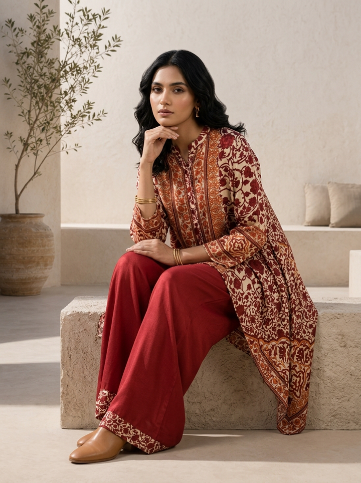 Maroon Crepe Floral Printed Two Piece Set