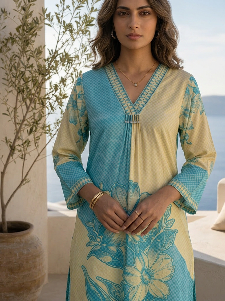 Cream And Sky Blue Beads Embroidered And Floral Printed Crepe Two Piece Set