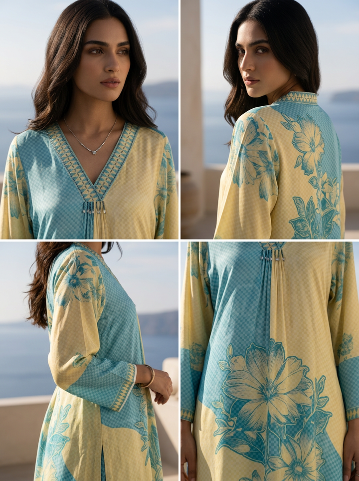 Cream And Sky Blue Beads Embroidered And Floral Printed Crepe Two Piece Set