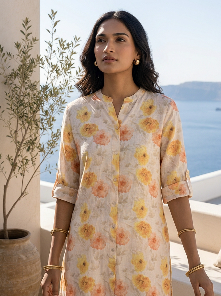 Cream And Lime Yellow Floral Linen Printed Kurta