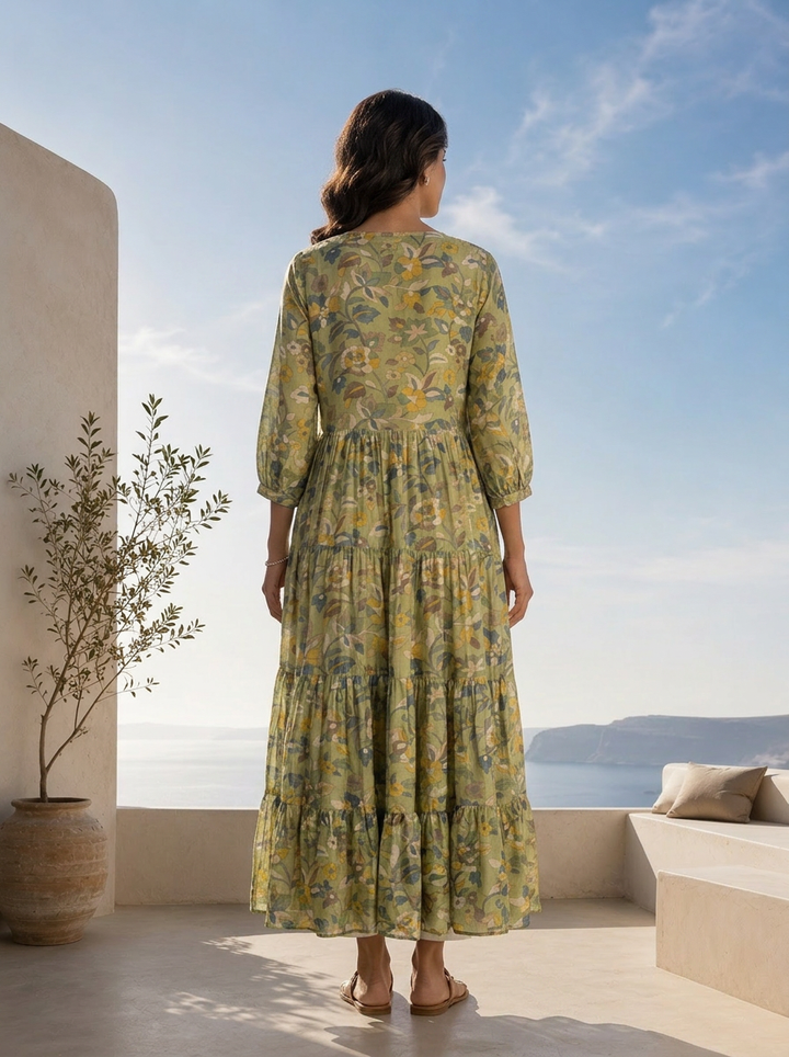 Green Muslin Hand Embroidered And Printed Long Dress