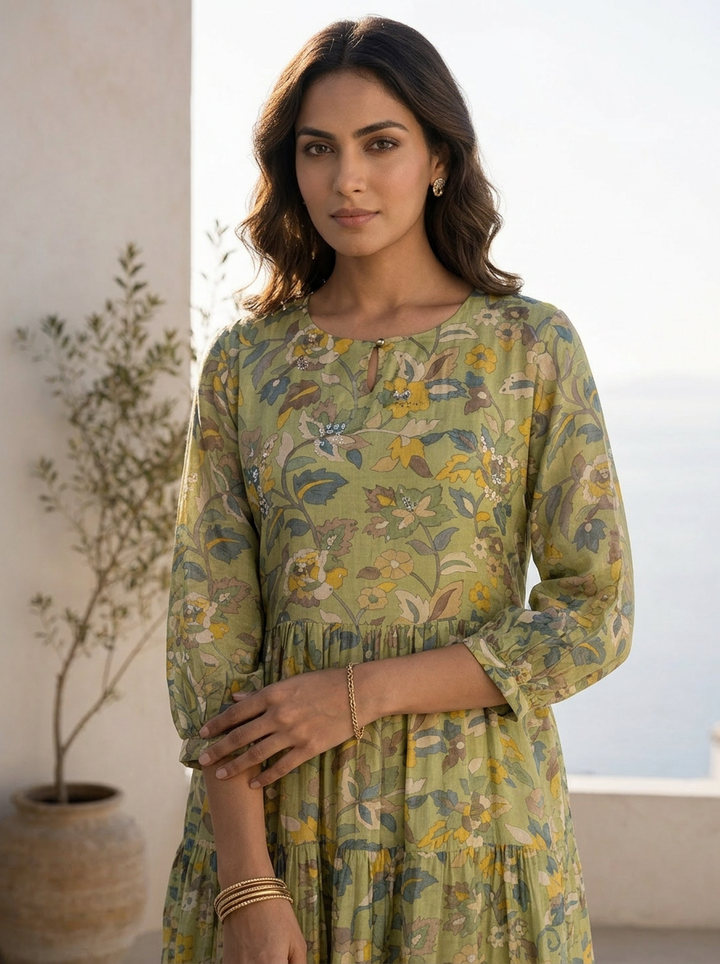 Green Muslin Hand Embroidered And Printed Long Dress