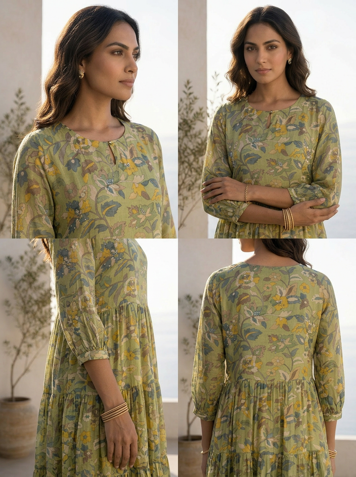 Green Muslin Hand Embroidered And Printed Long Dress