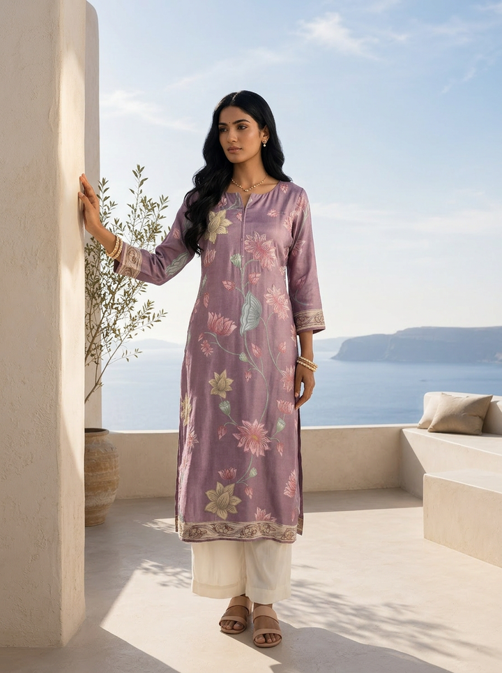 Lavender Silk Floral Printed And Sequins Embroidery Kurta