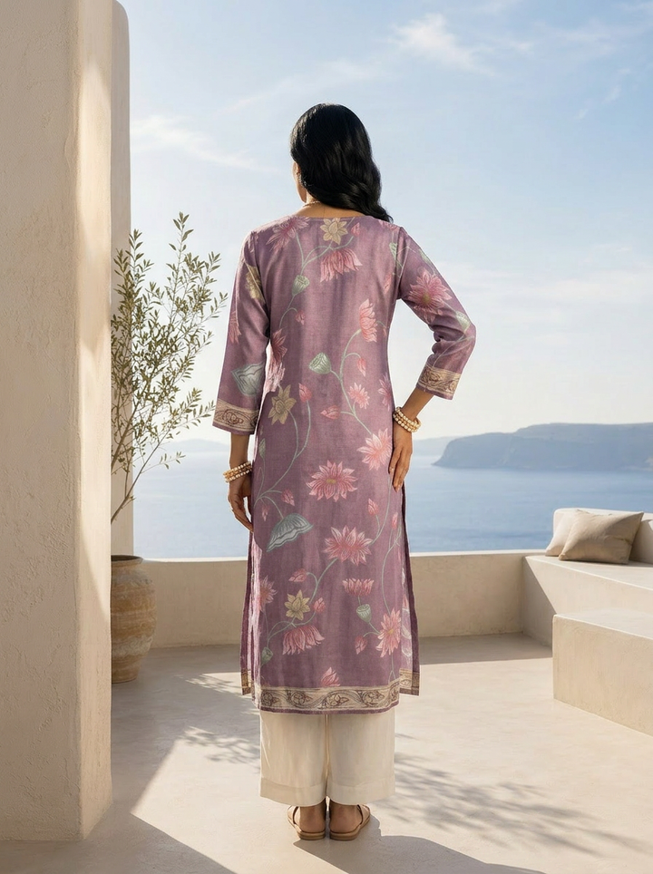 Lavender Silk Floral Printed And Sequins Embroidery Kurta