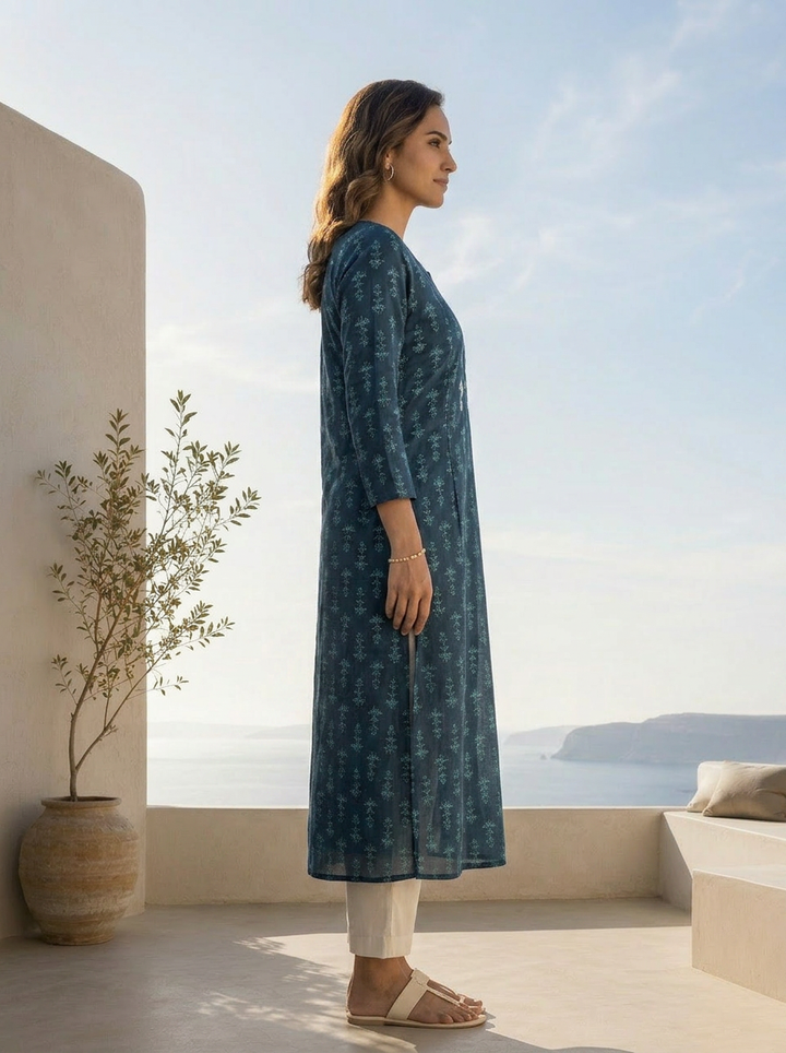 Navy Blue Silk Ethnic Motifs Printed A-Line Kurta