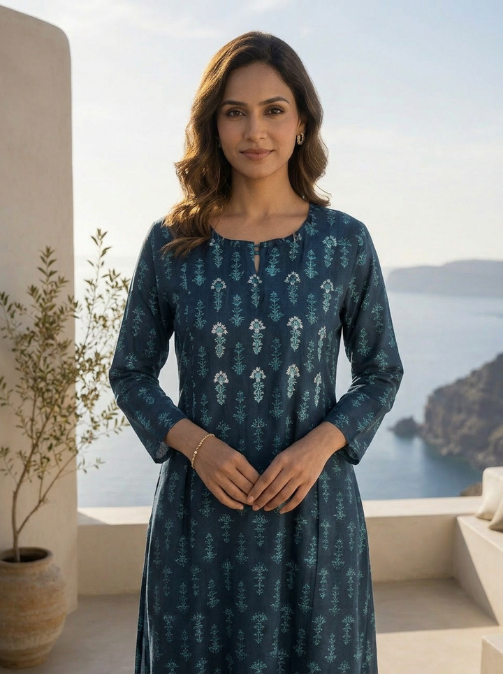 Navy Blue Silk Ethnic Motifs Printed A-Line Kurta