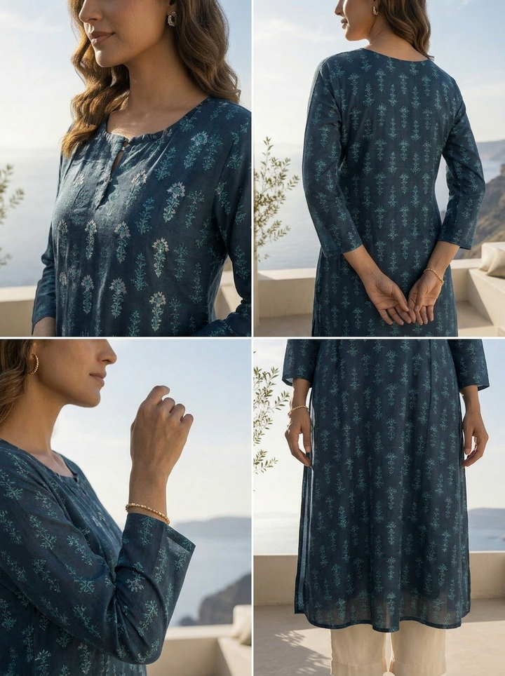 Navy Blue Silk Ethnic Motifs Printed A-Line Kurta
