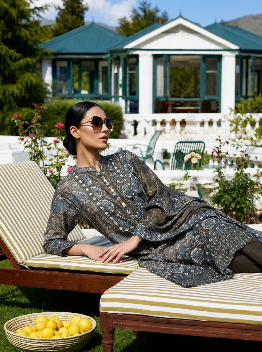 Grey Crepe Ajrakh Printed Three Piece Set