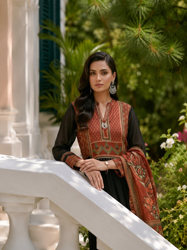 Maroon Georgette Ethnic Motif Printed Three Piece Set
