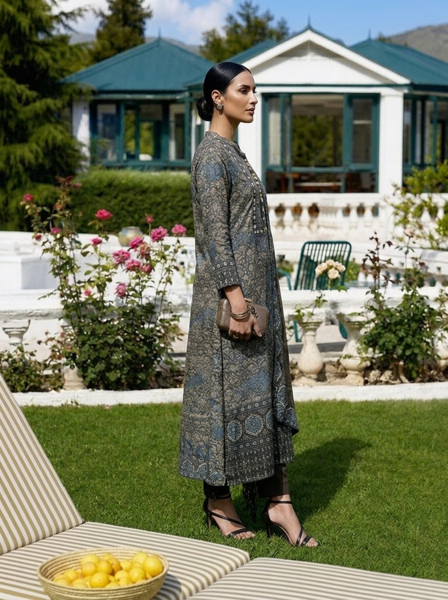 Grey Crepe Ajrakh Printed Three Piece Set