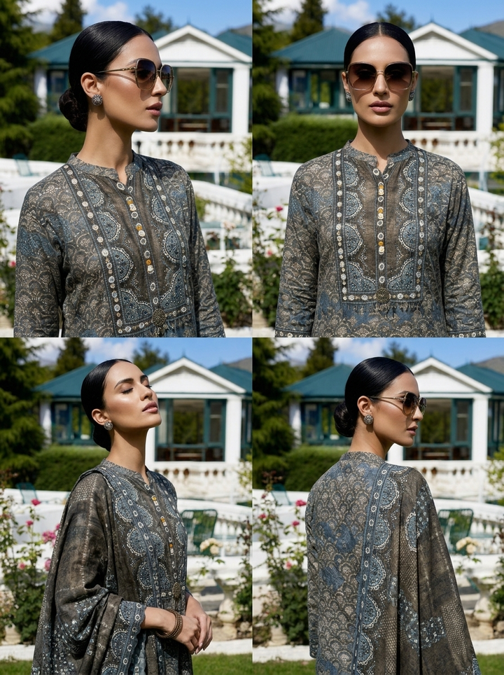 Grey Crepe Ajrakh Printed Three Piece Set