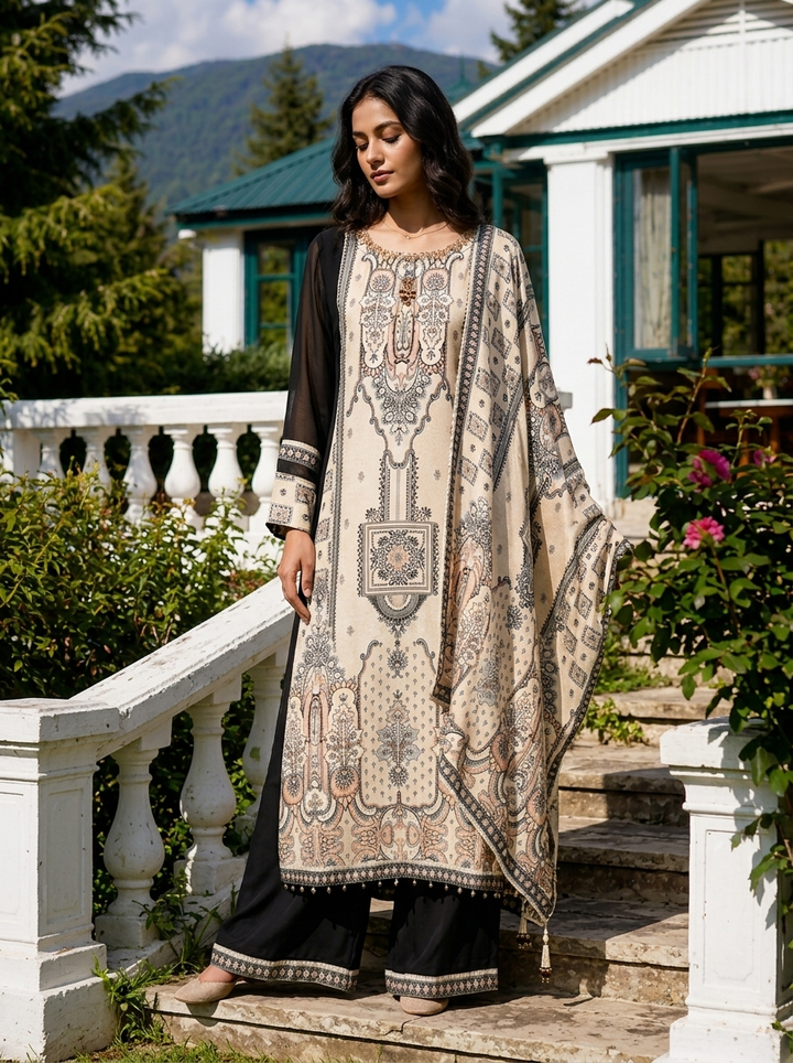 Cream Georgette Mughal Printed Three Piece Set